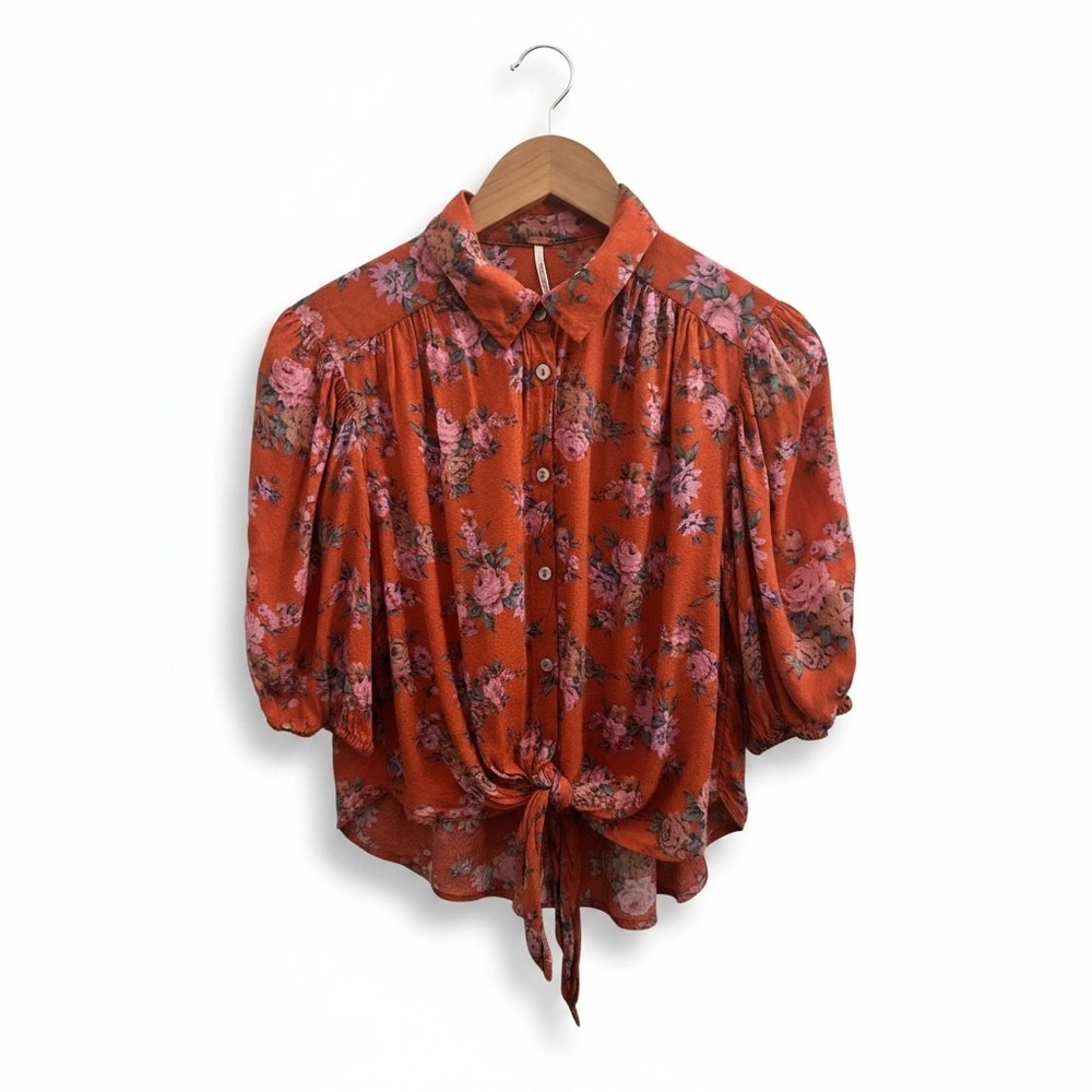 Free People Floral Puff Sleeve Tie Front Blouse Orange Excellent S Women